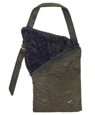Naples Messenger Bag shown open | Cohen in Olive Green with Cuddly Black Faux Fur Flap | handmade in Seattle WA by Pandemonium Millinery USA