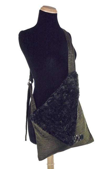 Naples Messenger Bag hanging on mannequin | Cohen in Olive Green with Cuddly Black Faux Fur Flap | handmade in Seattle WA by Pandemonium Millinery USA