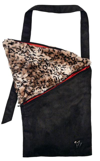 Naples Messenger Bag with red lining shown open | Black Suede with Carpathian Lynx Faux Fur Flap | handmade in Seattle WA by Pandemonium Millinery USA