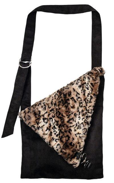Naples Messenger Bag | Black Suede with Carpathian Lynx Faux Fur Flap | handmade in Seattle WA by Pandemonium Millinery USA