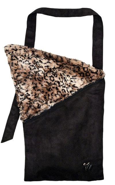Naples Messenger Bag shown open | Black Suede with Carpathian Lynx Faux Fur Flap | handmade in Seattle WA by Pandemonium Millinery USA