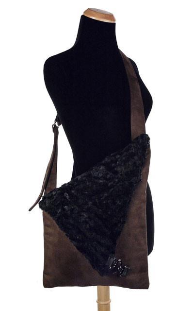 Naples Messenger Bag on mannequin | Brown Suede with Cuddly Black Faux Fur Flap | handmade in Seattle WA by Pandemonium Millinery USA