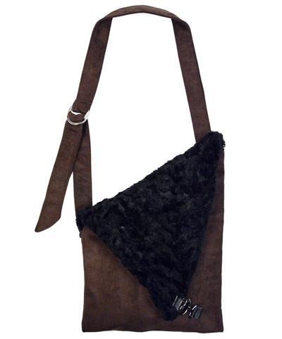 Naples Messenger Bag | Brown Suede with Cuddly Black Faux Fur Flap | handmade in Seattle WA by Pandemonium Millinery USA