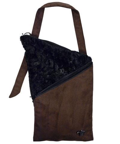 Naples Messenger Bag shown open | Brown Suede with Cuddly Black Faux Fur Flap | handmade in Seattle WA by Pandemonium Millinery USA