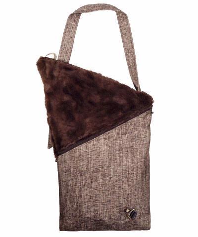 Open Naples Messenger Bag | Liam in Gold with Cuddly Chocolate Faux Fur Flap | handmade in Seattle WA by Pandemonium Millinery USA