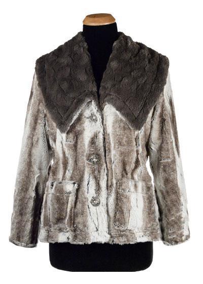 Norma Jean Coat, Reversible | Luxury Faux Fur in Birch with Cuddly Fur in Gray | By Pandemonium Millinery | Handmade in Seattle WA USA