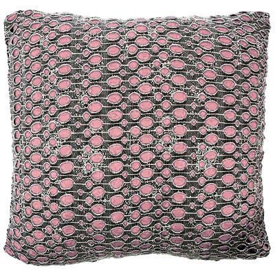 Pillow Sham in Lunar Landing a fun Textured Fabric layered over fun colors| | Luxury designer decorative pillow gray fabric with holes with  Pink under | Handmade by Pandemonium Millinery Seattle, WA usa