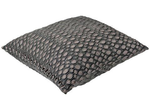 Side View Pillow Sham in Lunar Landing a fun Textured Fabric| Luxury designer decorative pillow gray fabric with holes with Tan under | Handmade by Pandemonium Millinery Seattle, WA usa