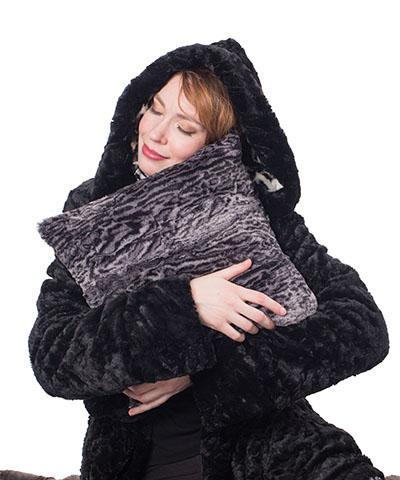 Model in Black Robe Hugging pillow Sham | Handmade by Pandemonium Millinery Seattle, WA usa 