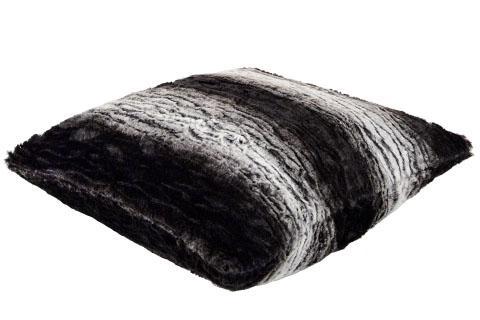 Side View of Pillow Shams in Smouldering Sequoia stipes | Luxury Faux Fur decorative pillow Blacks and Ivorys | Handmade by Pandemonium Millinery Seattle, WA usa