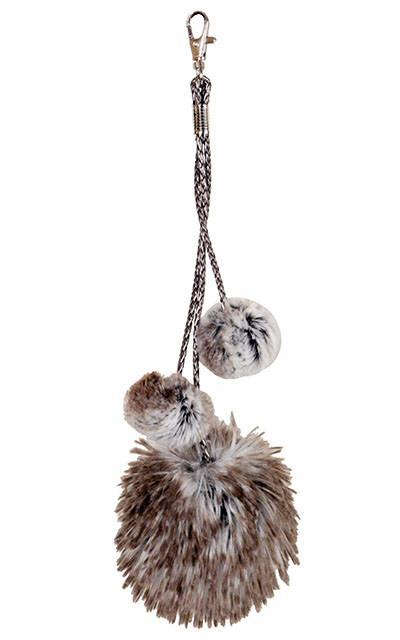 Key Chain | Large Arctic Fox Faux Fur Pom with Small Birch brown and white Poms | handmade in Seattle WA by Pandemonium Millinery USA