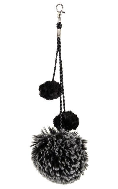 Key Chain | Large Silver Tipped Black Faux Fur Pom with Small Black Poms | handmade in Seattle WA by Pandemonium Millinery USA