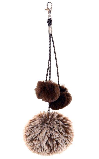 Key Chain | Large Silver Tipped Brown Faux Fur Pom with Small Chocolate Poms | handmade in Seattle WA by Pandemonium Millinery USA