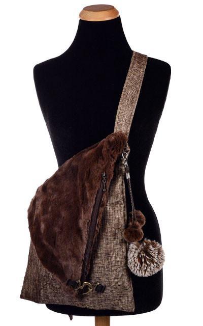 Key Chain on large gold and brown crossover tote | Large Silver Tipped Brown Faux Fur Pom with Small Chocolate Poms | handmade in Seattle WA by Pandemonium Millinery USA