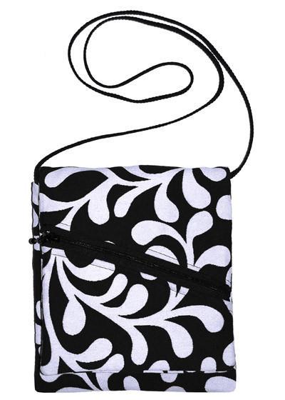 Prague Handbag, White Pepper Paisley, White and Black Upholstrey featuring a Cord Strap | Handmade by Pandemonium Seattle USA