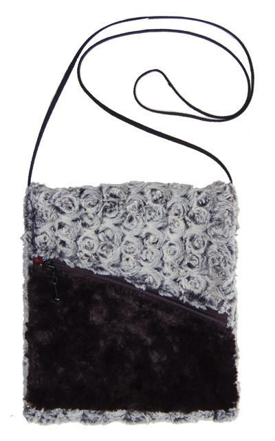 Prague Handbag in Rosebud in Black, Whitesh rosettes with a Black underlay with Cuddly Faux Fur in Black featuring a Cord Strap | Handmade by Pandemonium Seattle USA