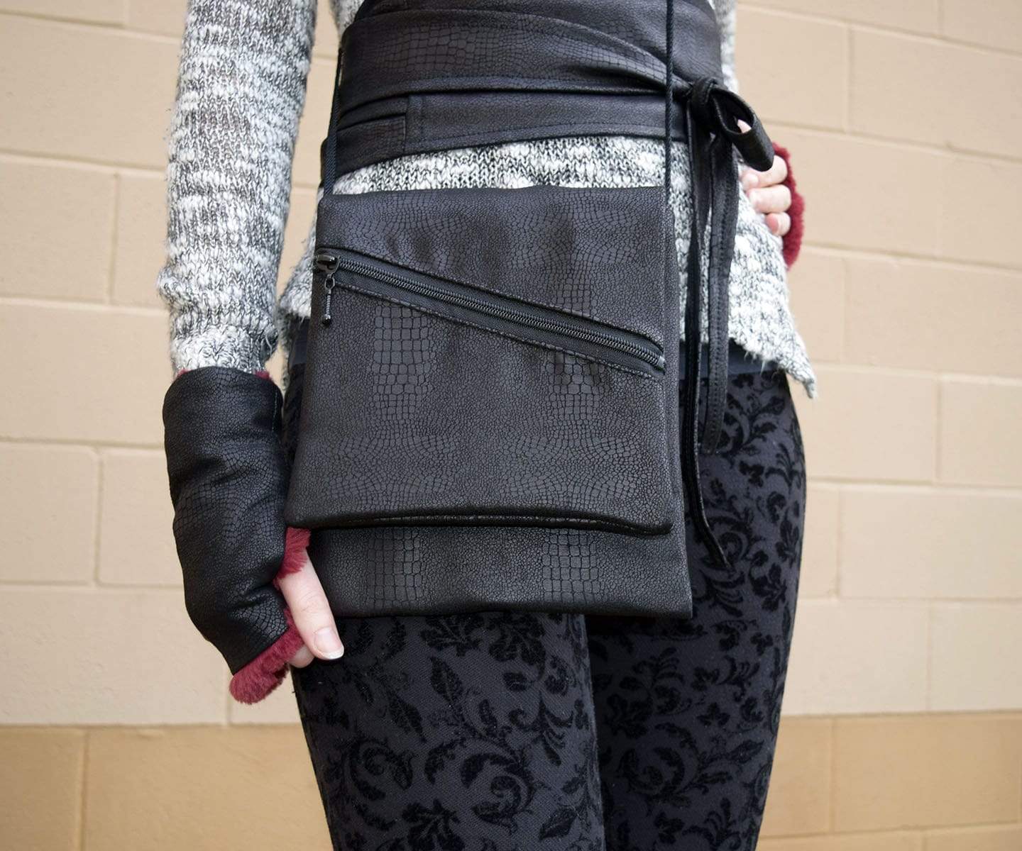 Prague Handbag | Outback Black Vegan Leather Fabric | handmade in USA by Pandemonium Seattle