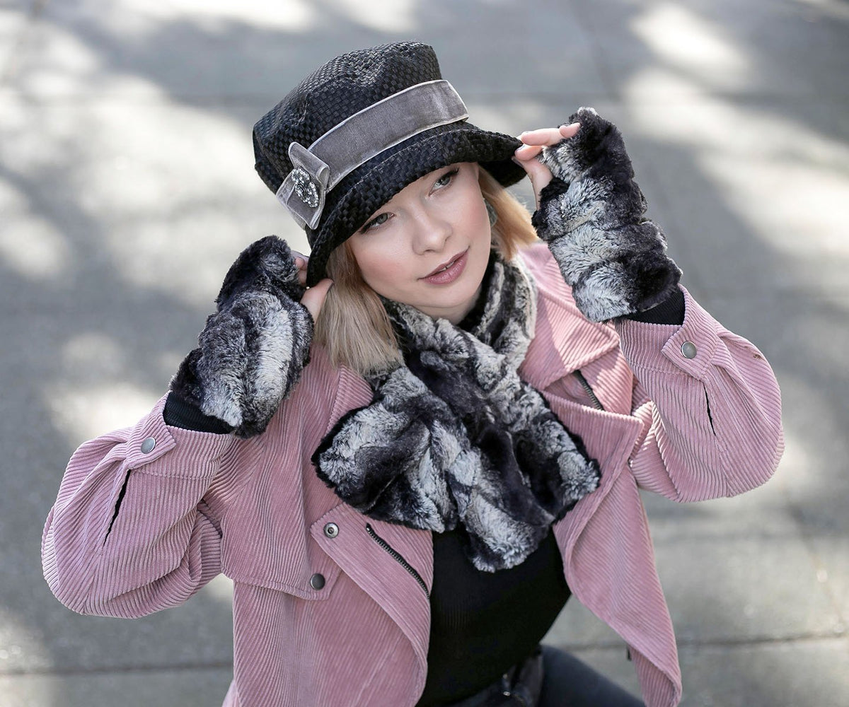 Model in wearing Samantha Hat in Interconnected in Black | Midori Velvet in Pewter Band with Rhinestone Flower Brooch | Handmade By Pandemonium Millinery | Seattle WA