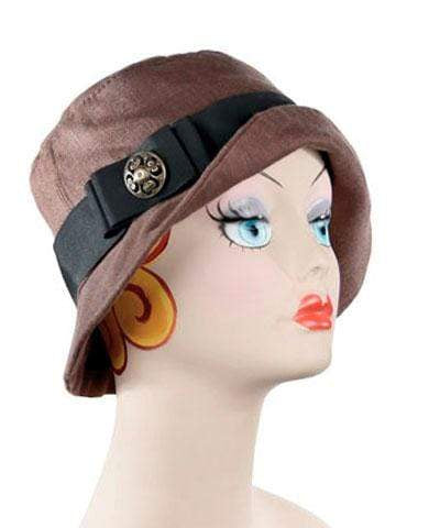 Samantha Hat Linen in Chocolate | Black Band and Bow with a Bronze Button | Handmade By Pandemonium Millinery | Seattle WA