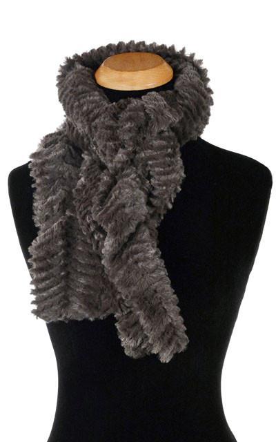 Product shot of  ladies Scrunchy Scarf on mannequin | Chevron in Charcoal Gray Faux Fur | Handmade in Seattle WA Pandemonium Millinery