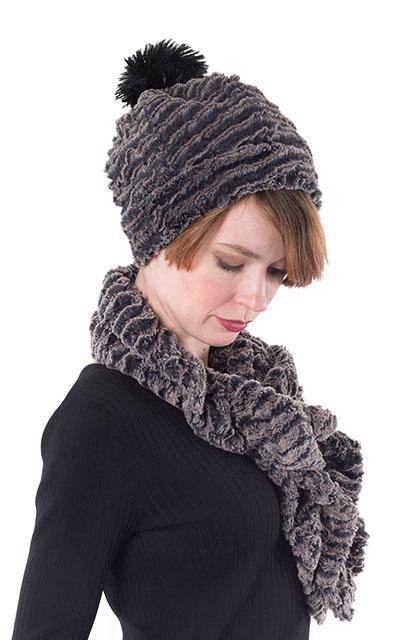 Women modeling a reversible beanie hat with pom pom and Scrunchy Scarf | Desert Sand in in Charcoal embossed faux fur with light and dark grays | Handmade in Seattle WA | Pandemonium Millinery