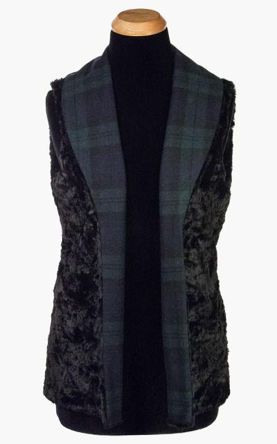 Shawl Collar Vest, reversed | Nightshade Wool Plaid with Cuddly Faux Fur | Handmade in Seattle, WA by Pandemonium Millinery USA