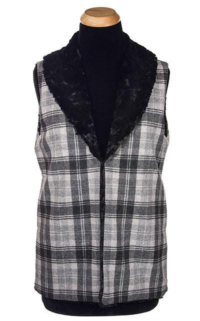 Shawl Collar Vest | Twilight Wool Plaid with Cuddly Faux Fur | Handmade in Seattle, WA by Pandemonium Millinery USA