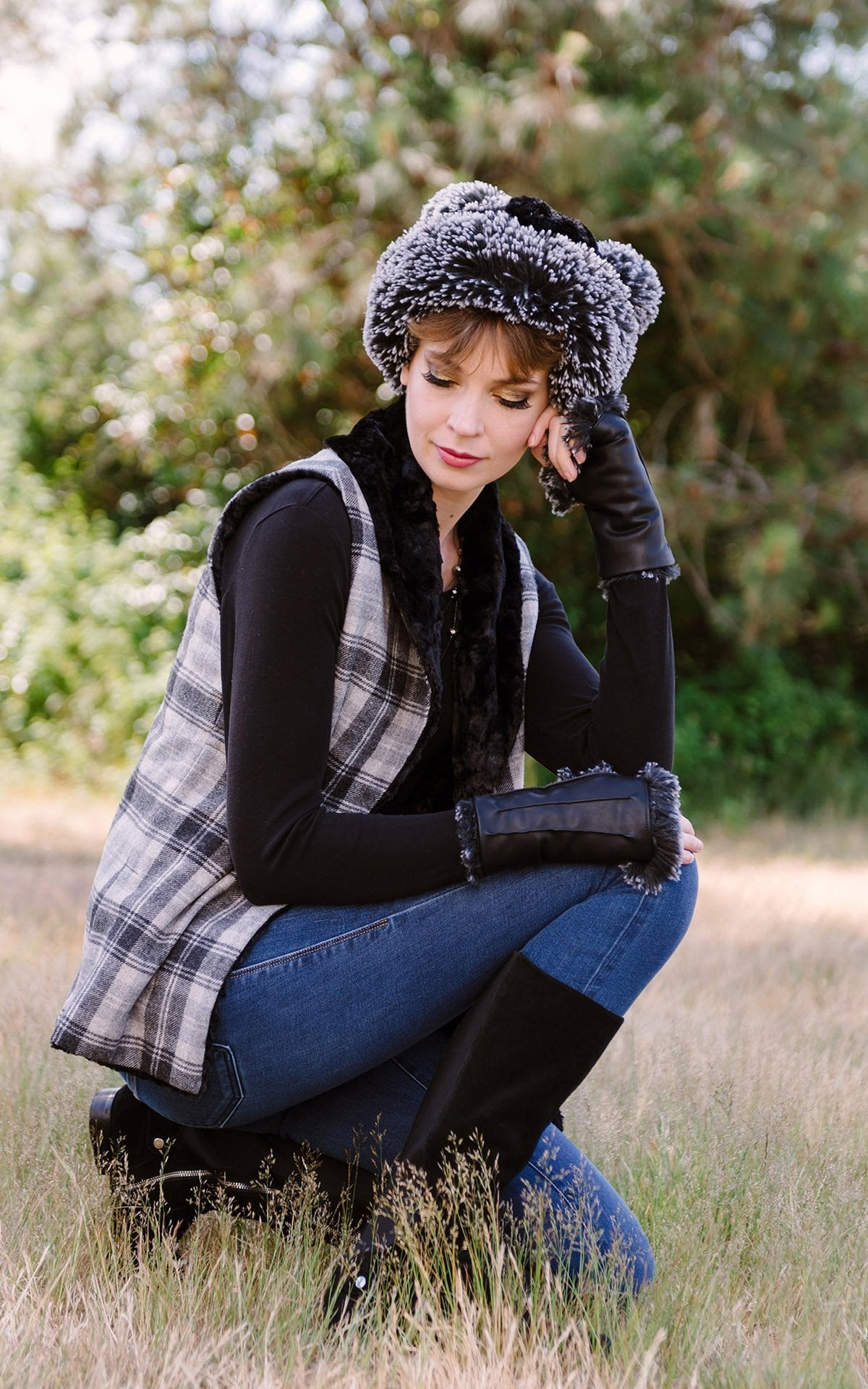 woman wearing a Shawl Collar Vest with a bear beanie | Twilight Wool Plaid with Cuddly Faux Fur | Handmade in Seattle, WA by Pandemonium Millinery USA