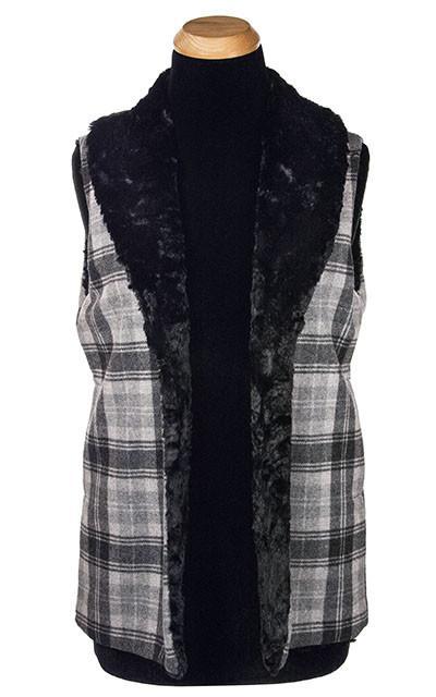 Open Shawl Collar Vest | Twilight Wool Plaid with Cuddly Faux Fur | Handmade in Seattle, WA by Pandemonium Millinery USA