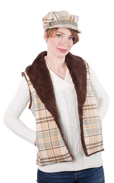 Shawl Collar Vest on model with matching hat  | Daybreak Wool Plaid with Cuddly Faux Fur | Handmade in Seattle, WA by Pandemonium Millinery USA