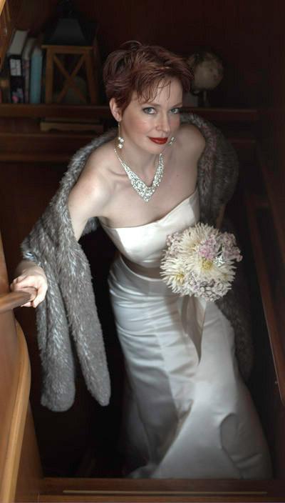 Bride wearing Stole | Arctic Fox Faux Fur | handmade in Seattle, WA by Pandemonium Millinery USA