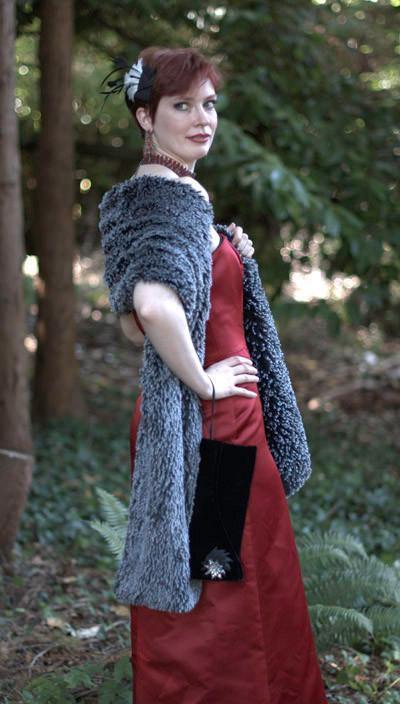 woman wearing Stole with red dress | Black Silver Tipped Fox Faux Fur | handmade in Seattle, WA by Pandemonium Millinery USA