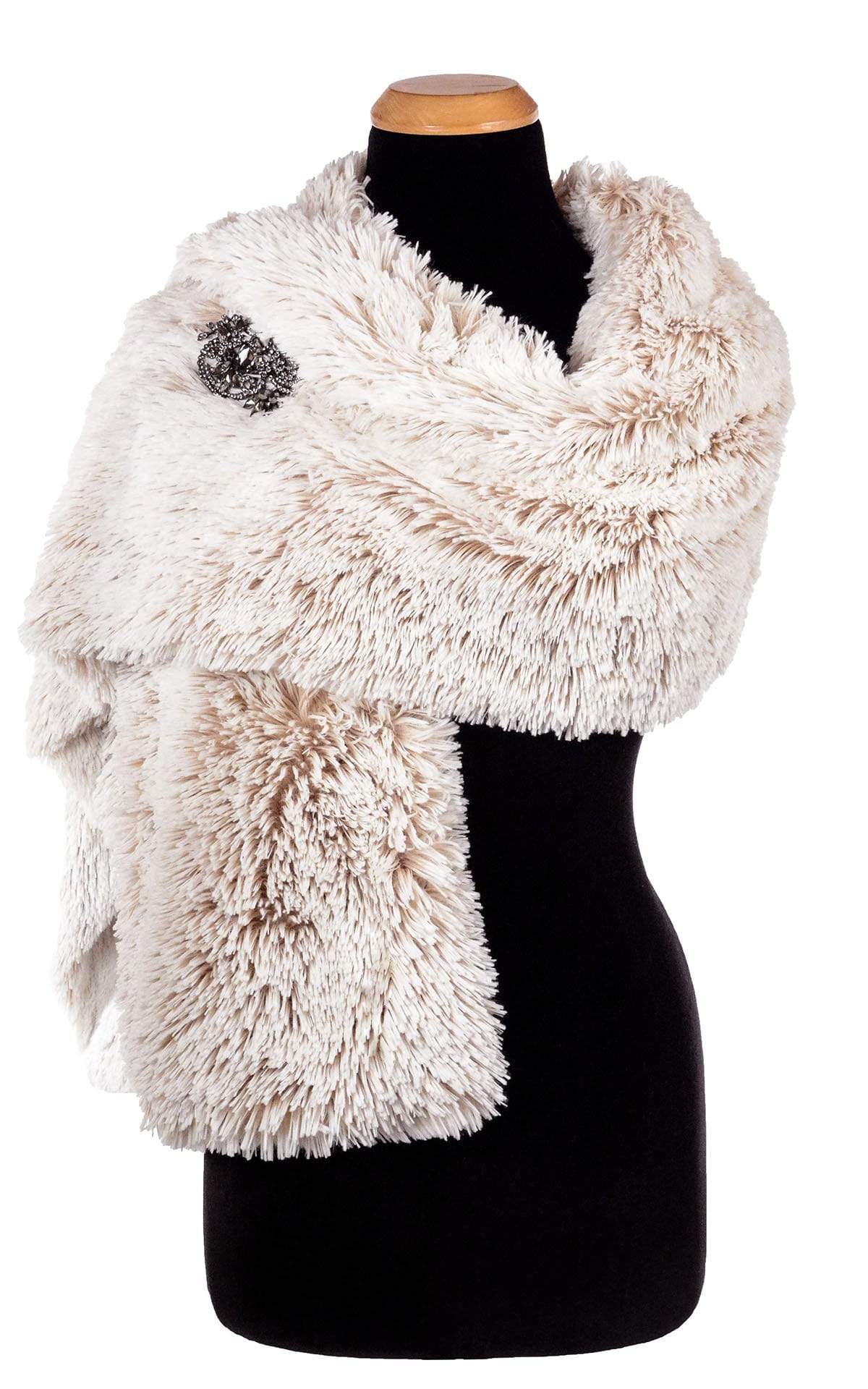 Stole with Rhinestone Brooch | Foxy Beach Faux Fur | handmade in Seattle, WA by Pandemonium Millinery USA