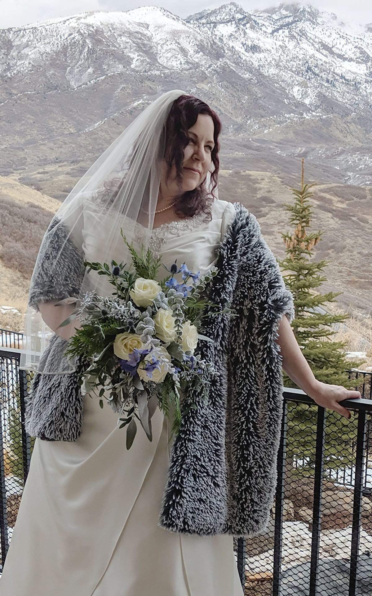 Bride in Stole | Blue Steel Silver Tipped Fox Faux Fur | handmade in Seattle, WA by Pandemonium Millinery USA