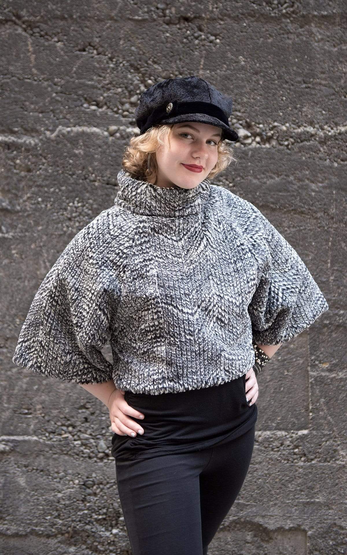 Model posing in Sweater Top | Cozy Cable Black and White Faux Fur | Handmade By Pandemonium Millinery | Seattle WA USA