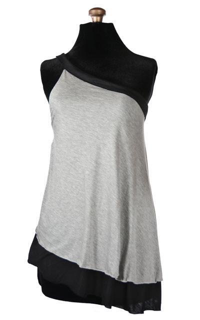 Product shot of  the Swing Top an asymmetrical top| A  lightweight Jersey Knit in Silvery Gray and Black  | Handmade in Seattle WA | Pandemonium Millinery