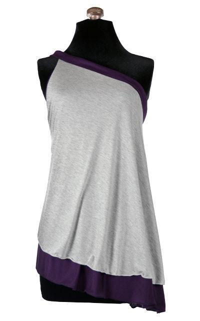 Product shot of  the Swing Top an asymmetrical top| A  lightweight Jersey Knit in Silvery Gray and Purple  | Handmade in Seattle WA | Pandemonium Millinery