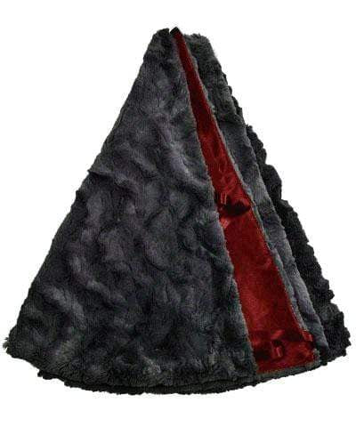 Custom Christmas tree skirt  / Black Faux Fur with red or black lining  | Luxury Faux Fur Designer | Handmade by Pandemonium Millinery Seattle, WA usa