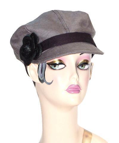 Valerie Cap in Gray Linen with Black Linen Band | Black Straw Flower Brooch | Handmade by Pandemonium Millinery | Seattle WA USA