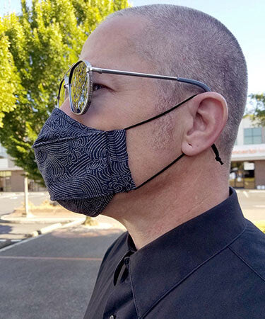 Men's Pop-Up Face Mask Model Shot - Kanagawa - Handmade by Pandemonium Millinery Seattle, WA USA