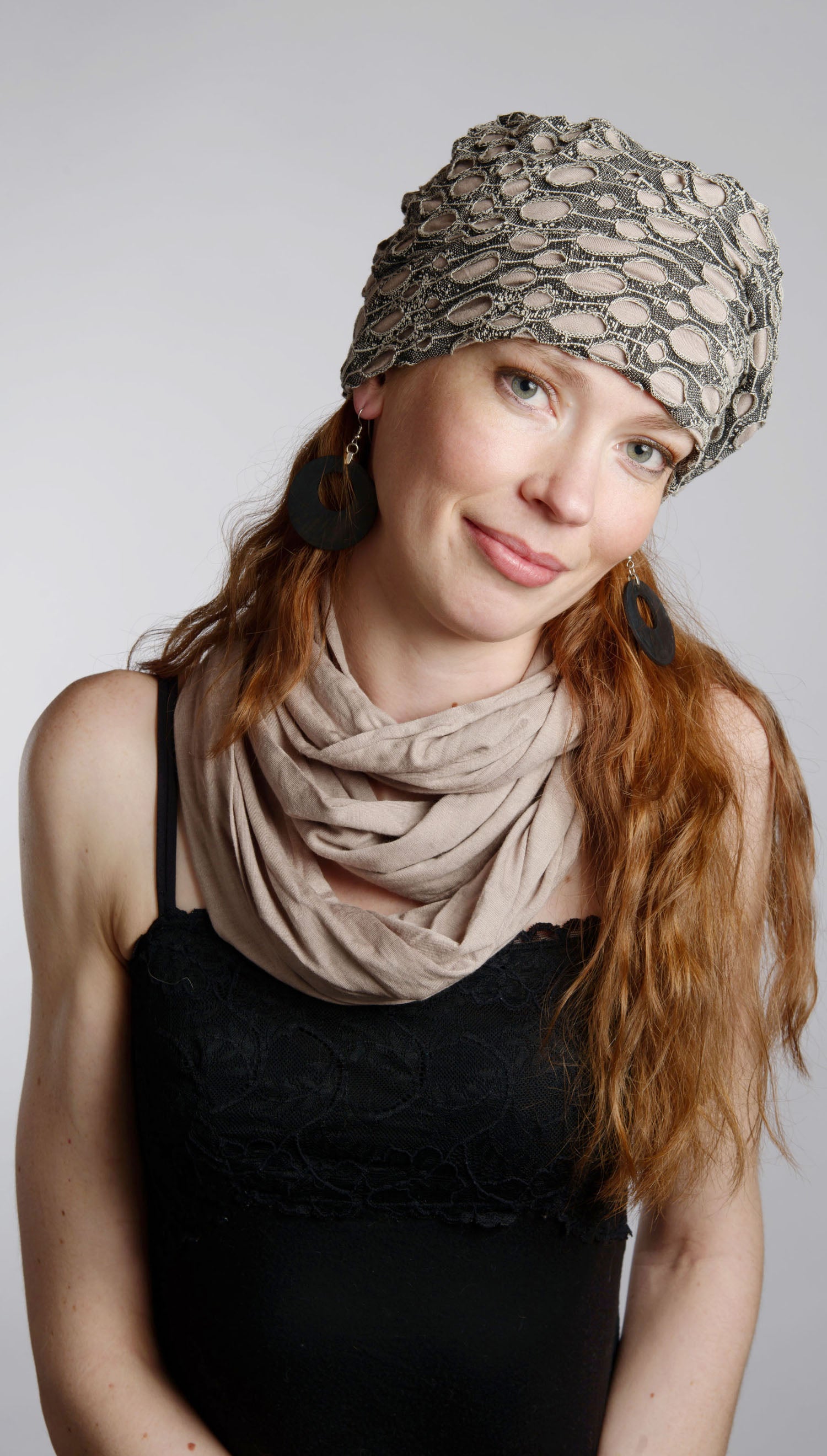 Woman modeling Infinity Scarf in Terra Jersey knit