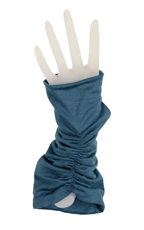 Ruched fingerless gloves in Blue Moon Jersey Knit by Pandemonium Millinery  handmade in Seattle, WA