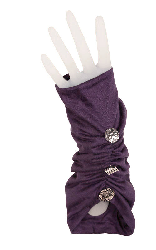Ruched fingerless gloves with buttons in Purple Haze  jersey Knit by Pandemonium Millinery  handmade in Seattle, WA