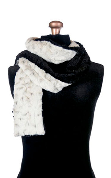 Product Men’s Two - Tone  Scarf | Winters Frost White with a Hint of Black Faux Fur with Cuddly Faux Fur in Black  | Handmade in Seattle WA | Pandemonium Millinery