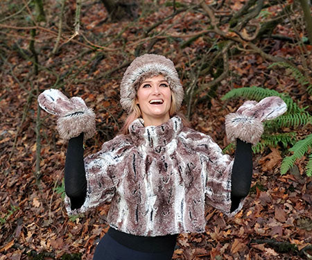 Model  in Sweater Top with Matching Mittens and Beanie Hat | Luxury Faux Fur Birch Brown, Cream | Handmade By Pandemonium Millinery | Seattle WA USA
