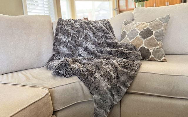 Pet Blanket on tan couch | Seattle Sky Luxury Faux Fur | Handmade in Seattle WA by Pandemonium Millinery USA