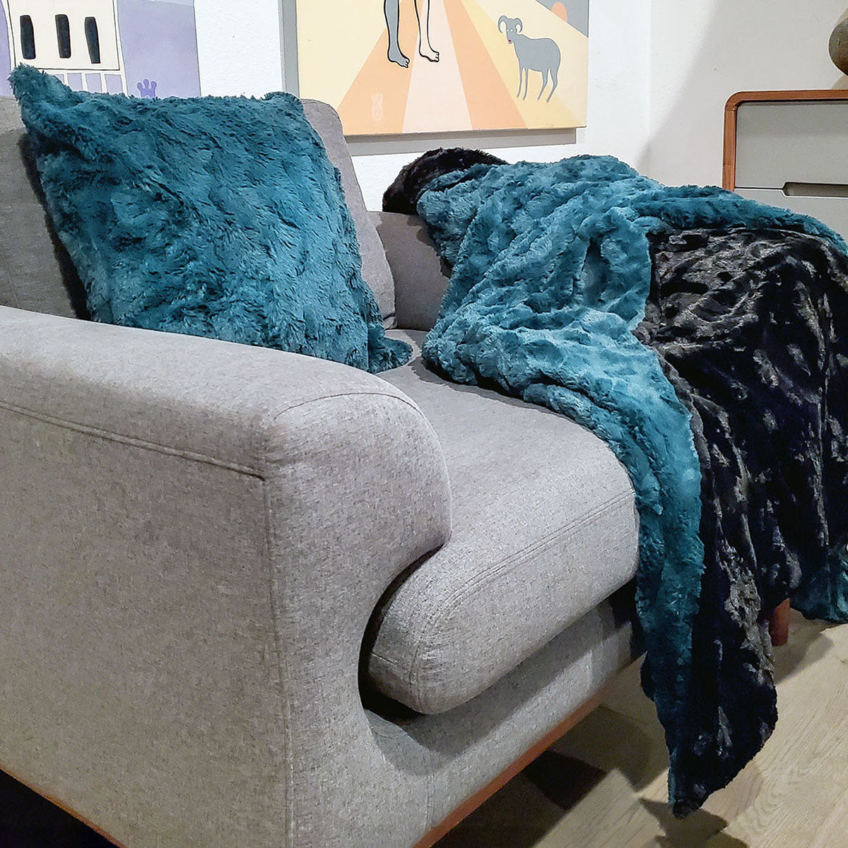 Pillow Shams on couch with matching Throw Blanket in Peacock Pond | Luxury Faux Fur decorative pillow Blue | Handmade by Pandemonium Millinery