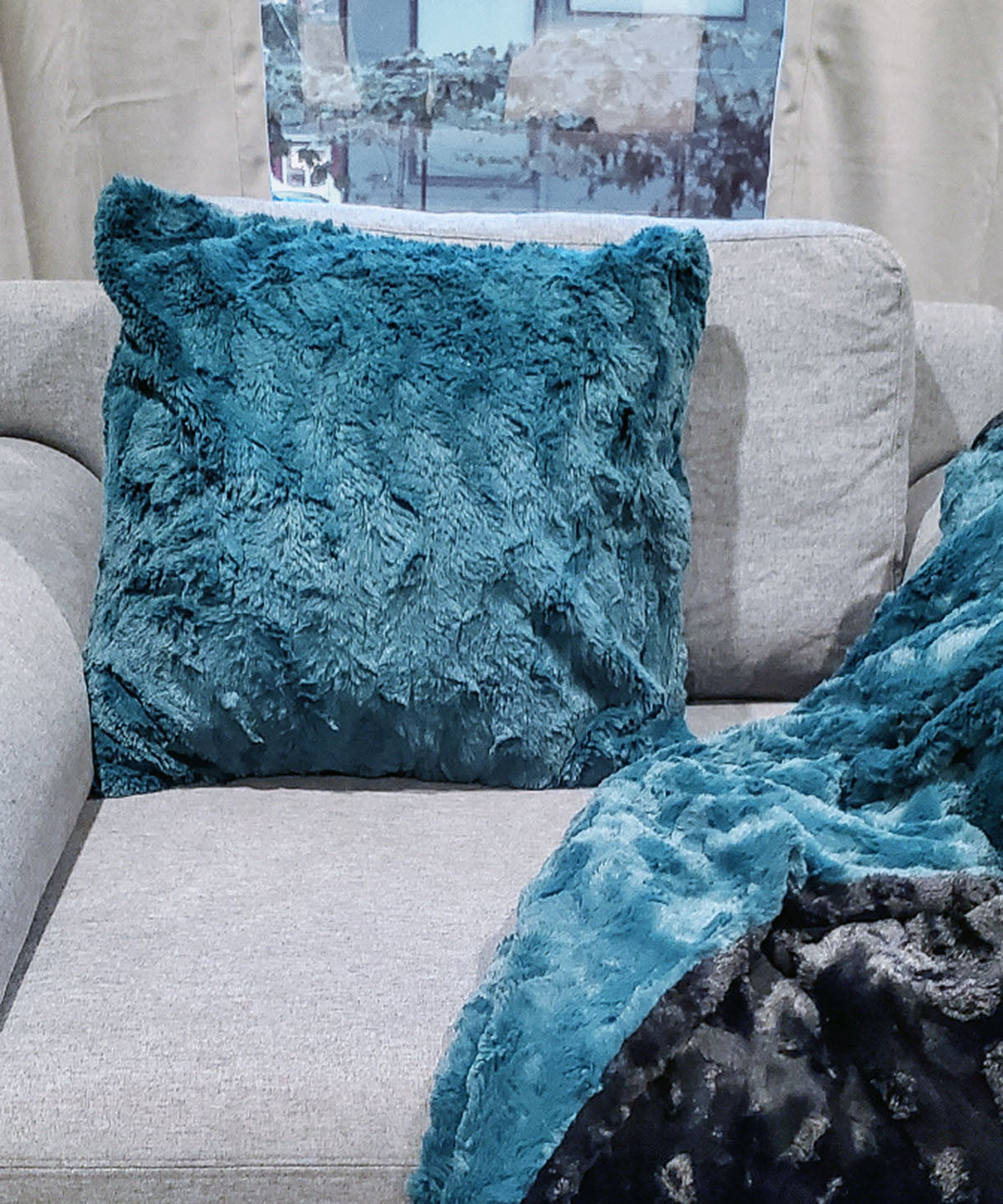 Close up of Pillow Shams on couch with matching Throw Blanket in Peacock Pond | Luxury Faux Fur decorative pillow Blue | Handmade by Pandemonium Millinery