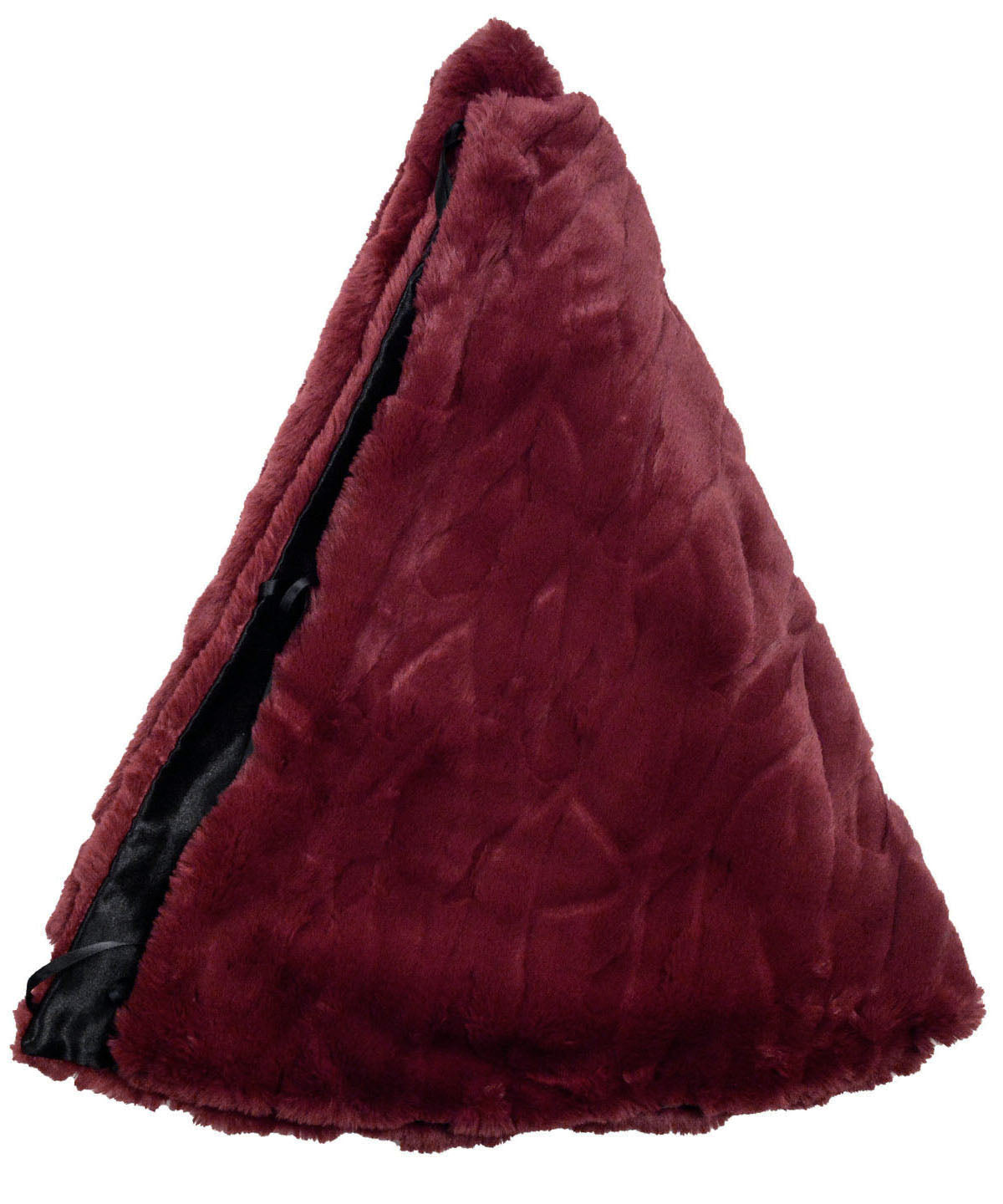 Cranberry Creek Faux Fur Tree Skirt under a lit Christmas Tree with gifts. Made in Seattle, WA, USA. Pandemonium Seattle.
