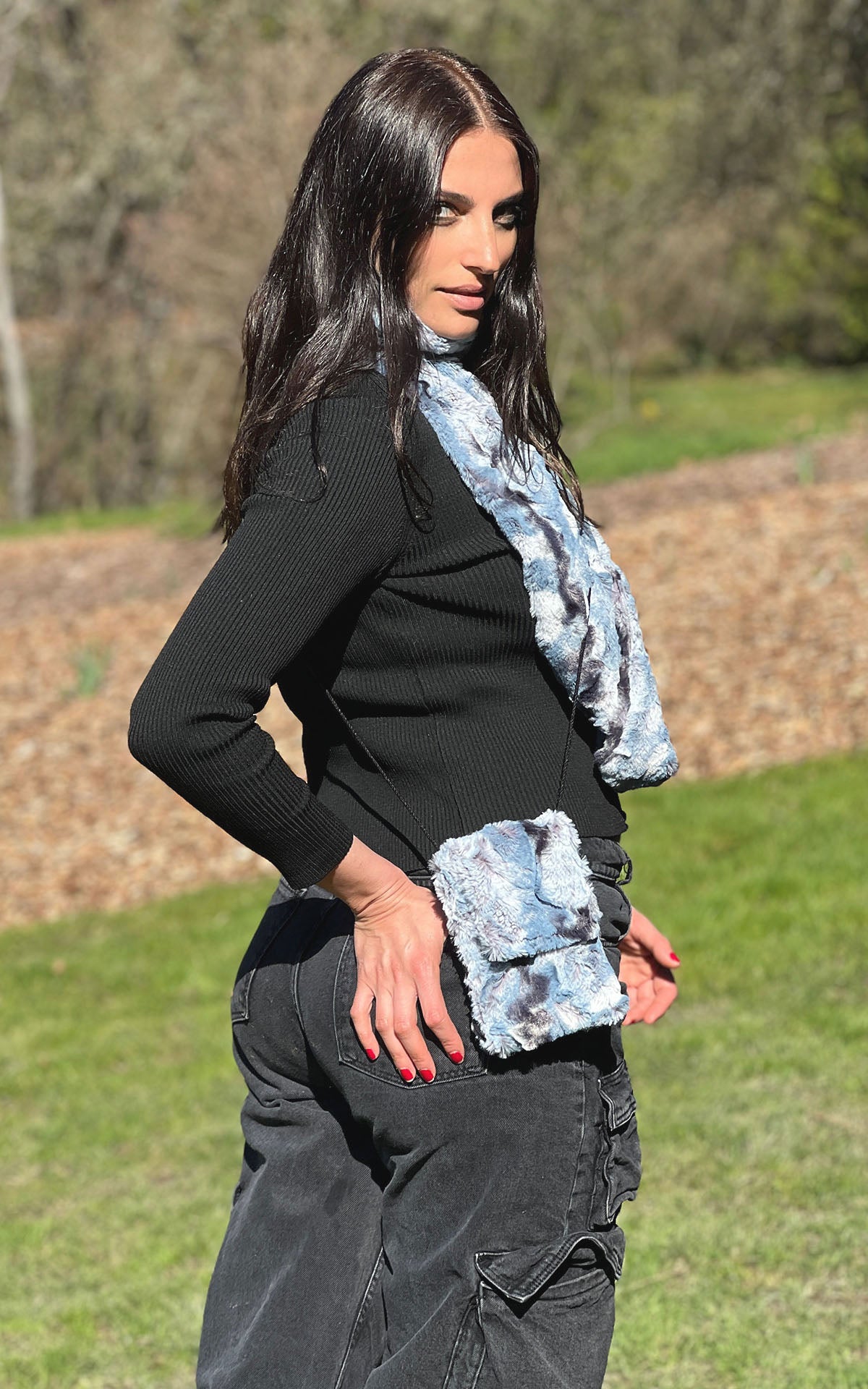 Cell Phone purse, bag with zipper pocket in Rainier Sky faux fur- handmade in Seattle WA, USA